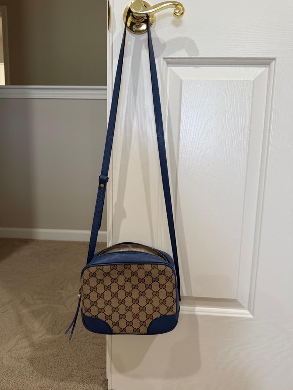 Gucci Brown GG Supreme Crossbody with Blue Trim